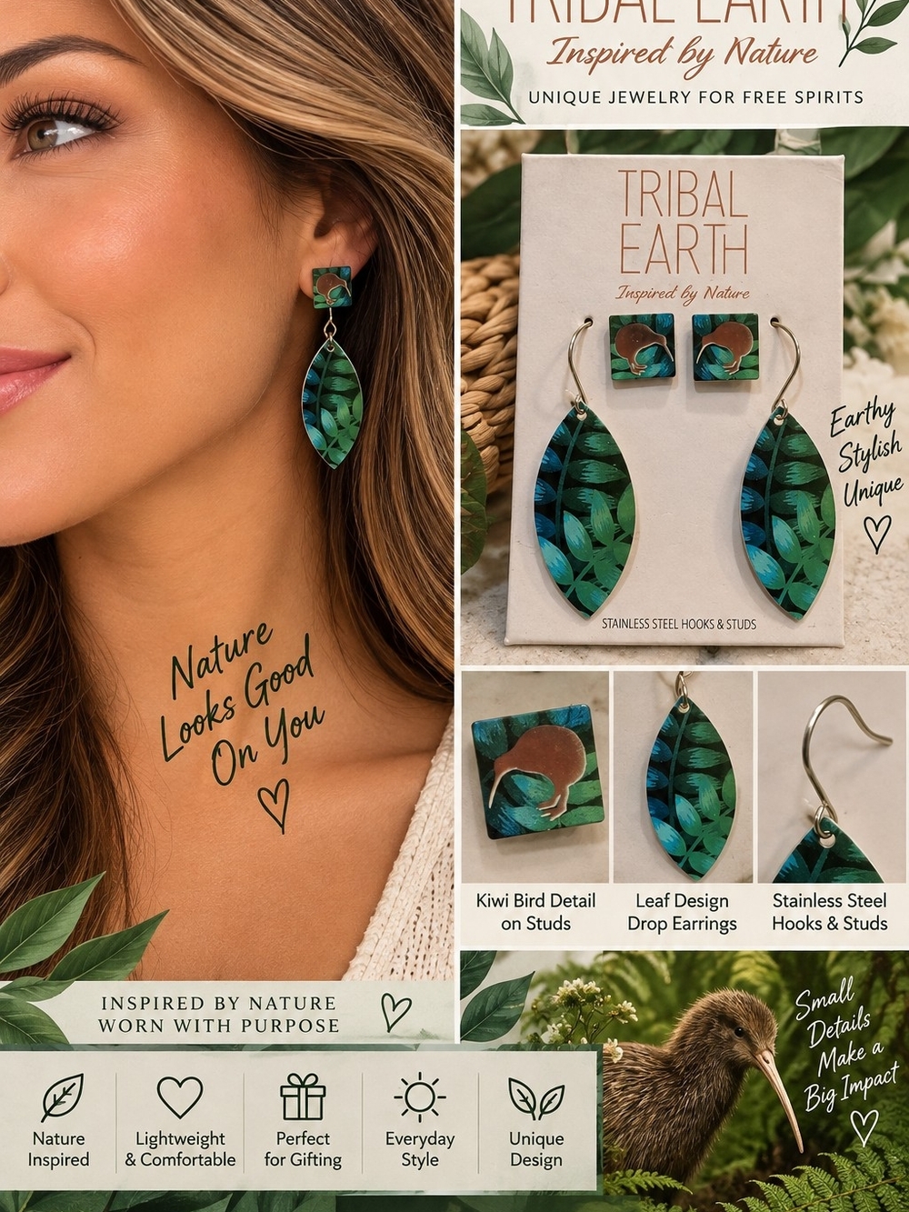 Leaf Drop Earrings — Green